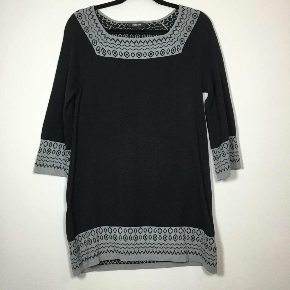 Style & Co Black Boho Chic Indie‎ Geometric Knit Tunic Sweater S Casual Autumn